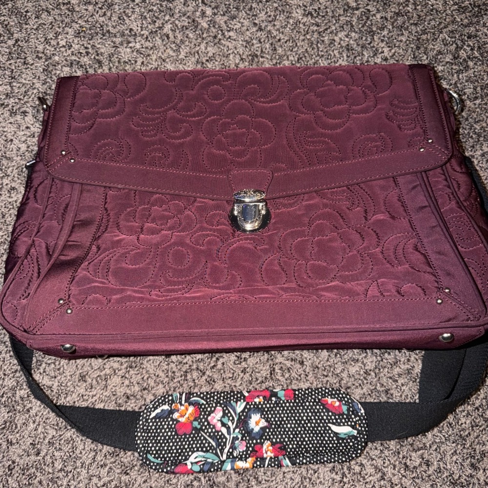 Vera Bradley Quilted Laptop Messenger Bag Plum Burgundy Floral Satchel